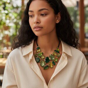 DESIGNER JOAN RIVER MULTI COLOR GREEN BLACK VELVET/CHAIN STATEMENT NECKLACE